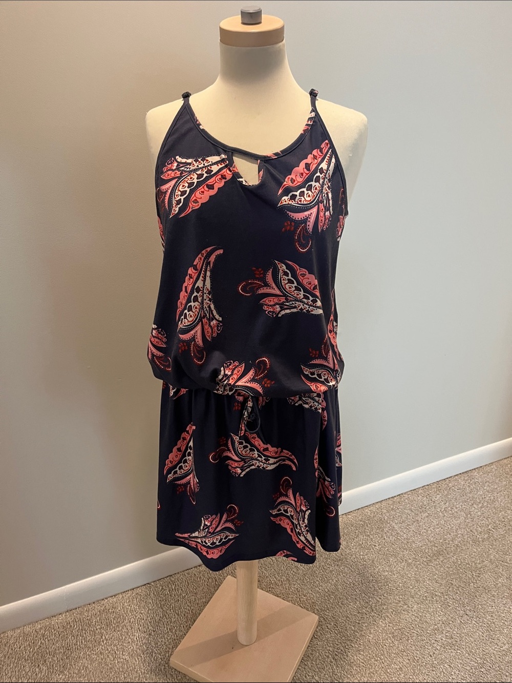 Amazon Women's Navy Mini Dress with Coral Paisley Print